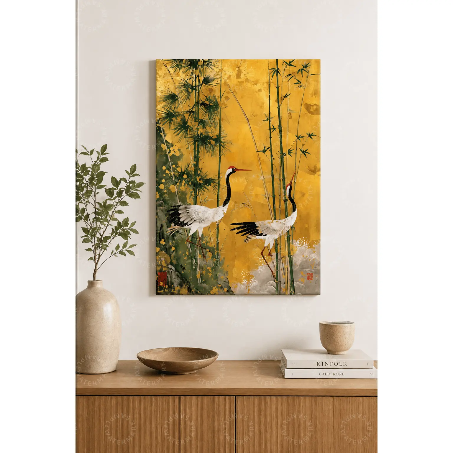 Golden Background Red Crowned Crane Bamboo Pine Canvas Poster, Traditional Chinese Oriental Zen Wall Art, Vintage Wabi Sabi Living Room Entryway Decor, Longevity Lucky Feng Shui Aesthetic Wall Hanging Gift, aesthetic poster
