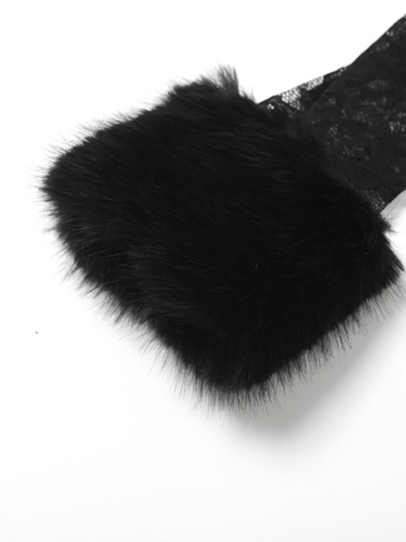 Women's Fashion Chic Ditsy Floral Print Fur Collar Lace Patchwork Sexy Transparent Long Pants Two-Piece Set, Fall Winter New Arrival