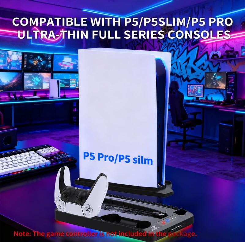 GAMINJA P58 Charging Base Cooling Bracket Compatible With PS5 Console, Vertical Stand Cooling Fan, Multi-functional Cooling & Charging Station for PS5 Slim Pro All Model Universal