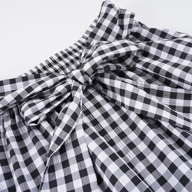 Academic Style Plaid Print Colorblock Loose A-Line Bow Tie Midi Skirt, Women's Pleated Casual Preppy Skirt, Original Hostess Wind