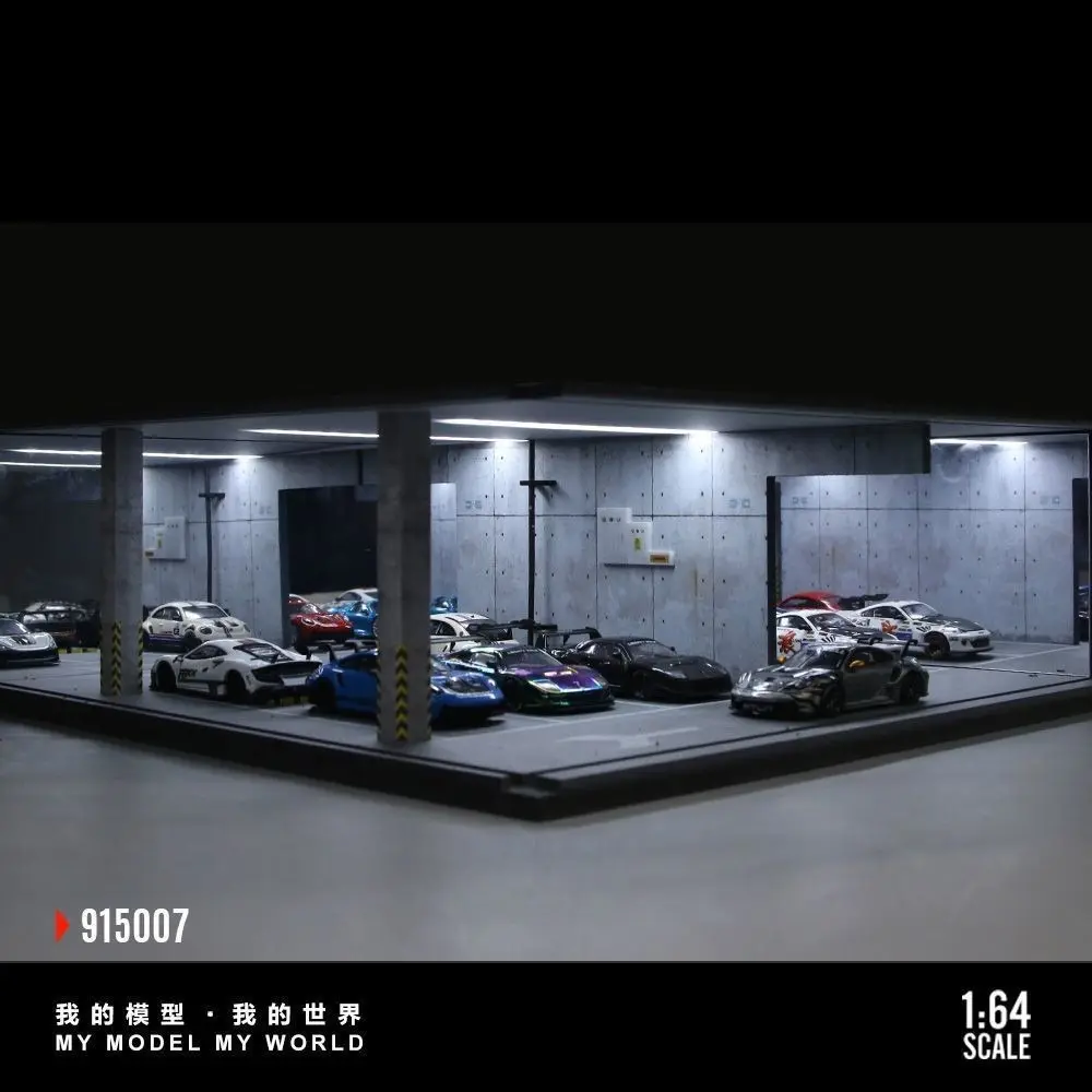 Diorama 1/64 Scale Diecast Car Garage Model LED Lighting Underground Parking Lot Scene Building Display Case Showcase | Showroom Model Type-C Charging Dustproof Display Box for 1/64 Model Car for Car Lovers
