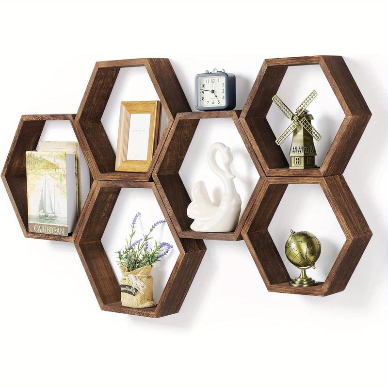 3pcs Hexagonal Floating Wall Shelf, Wall Mount Design, Available in Large, Medium, and Small Sizes - Wooden Hexagon Storage Rack Suitable for Home - Driftwood Decorative Wall Art - Gift for Home Decor Enthusiasts
