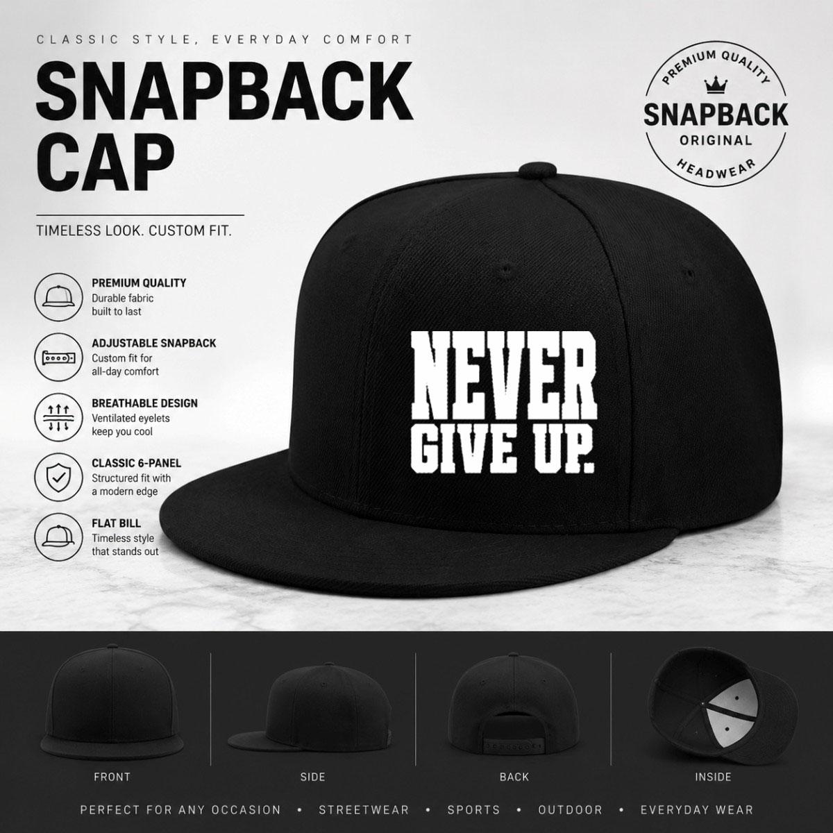 Unisex baseball cap with minimalist text "Never Give Up" printed flat brim design, multiple colors to choose from, adjustable size with code