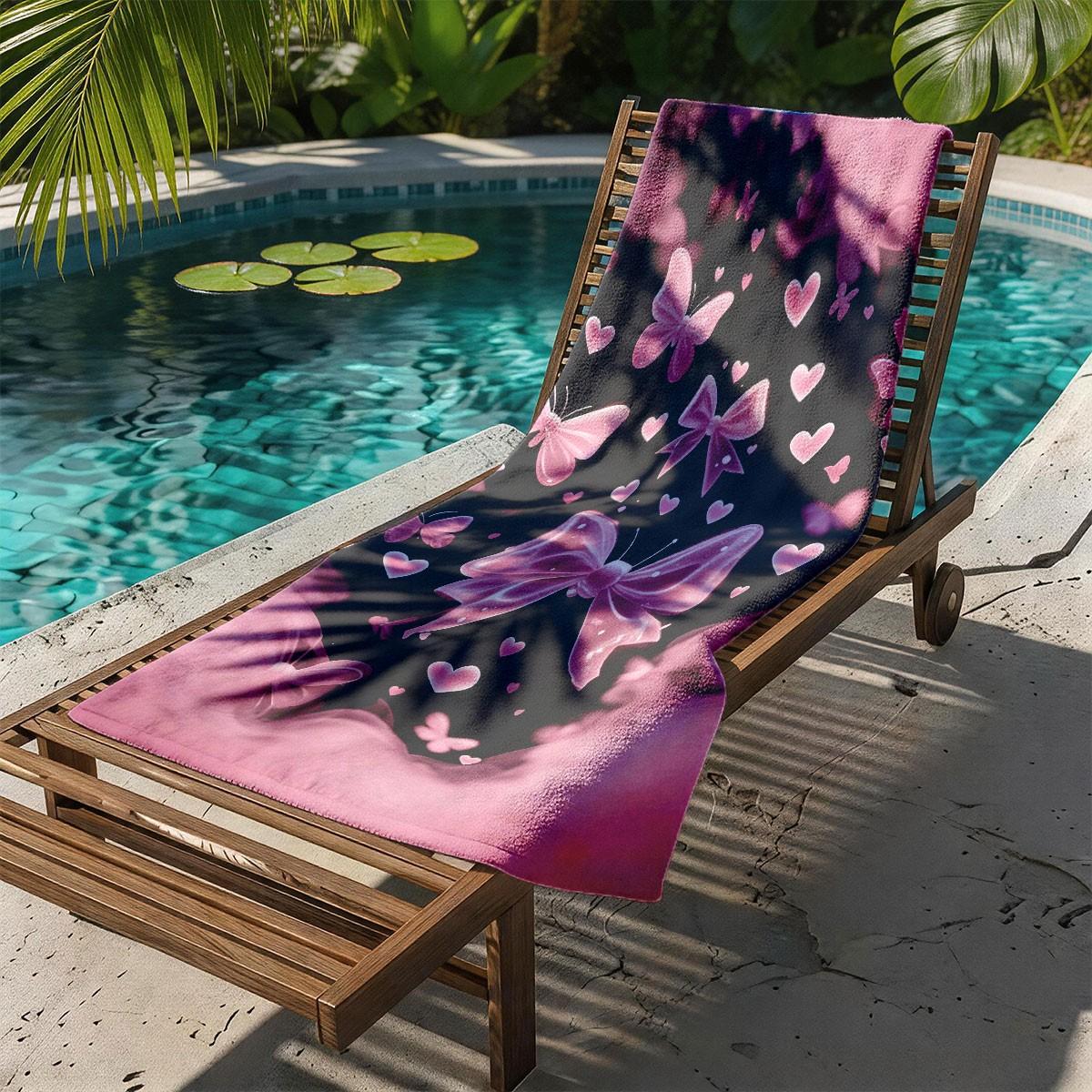 A Black Pink Gradient Bow Butterfly Heart All-over Printed Beach Towel - Oversized, Skin-friendly, Absorbent and Quick-drying, Perfect for Beach and Pool Leisure, Ideal for Summer Trips - Suitable for Seaside Vacations, Pool Parties and Outdoor Picnics
