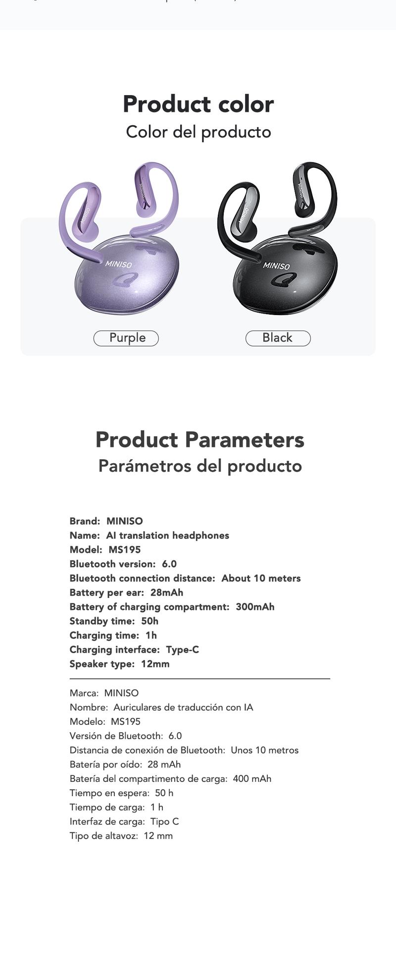 MINISO MS195 AI Translation Earbuds, Open Wireless Headphones, Download App to Translate 134 Languages, Bluetooth Smart Headphones,Suitable for music and calls