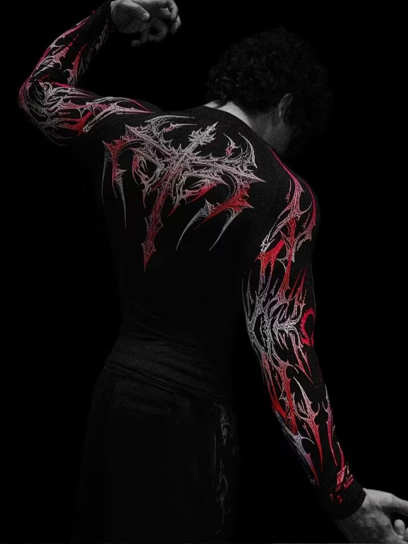 Men's Professional Sports Quick-Dry Fitness Shirt, Gothic Print Long Sleeve, High Elasticity, Round Neck, Moisture-Wicking, Running, Training, Daily Wear, Athletic Top Men's Professional Sports Quick-Dry Fitness Shirt, Gothic Print Long Sleeve, High Elasticity, Round Neck, Moisture-Wicking, Running, Training, Daily Wear, Athletic Top