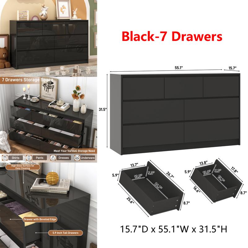 Dresser for Bedroom, Modern Dresser with Drawers, Large Wood Chest of Drawer Handle Free, Long Dresser for Bedroom, Living Room, Entryway, Hallway, White/Black