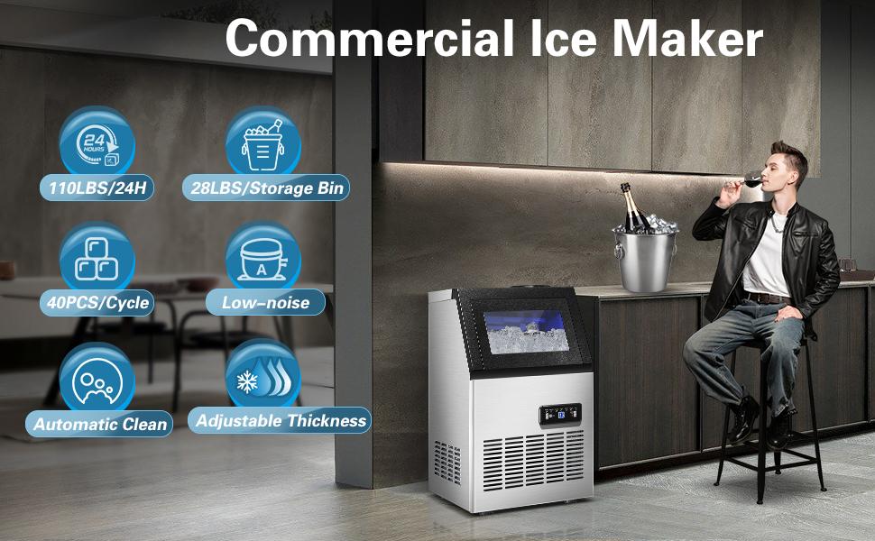 110LBS/24H Commercial Ice Maker Machine Stainless Steel Freestanding Ice Machine 28LBS Storage Capacity 2 Water Inlet Modes Kitchen Utensils, Portable Countertop ice machine ice maker Cube Set CIM40-1 110LBS/24H Commercial Ice Maker Machine Stainless Steel Freestanding Ice Machine 28LBS Storage Capacity 2 Water Inlet Modes Kitchen Utensils, Portable Countertop ice machine ice maker Cube Set CIM40-1