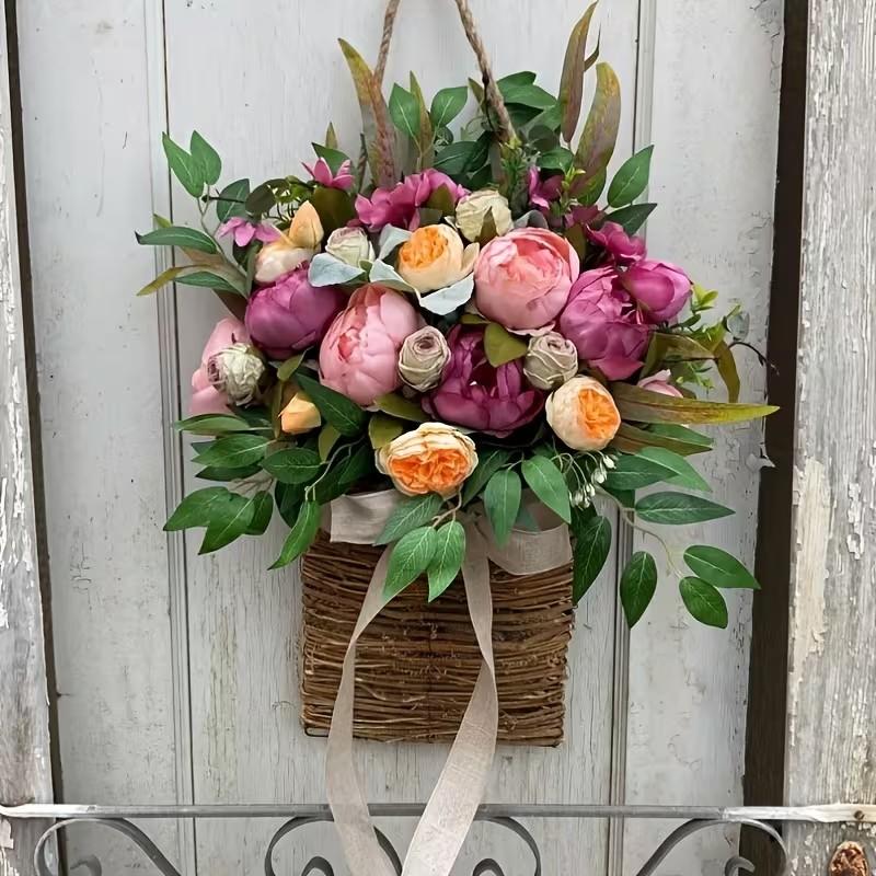 Peony Flower Door Basket Wreath, Spring Summer Wall Hanging Decor, Includes Hydrangea, Plastic Wreath for Front Door, Mother's Day, Daily Decor