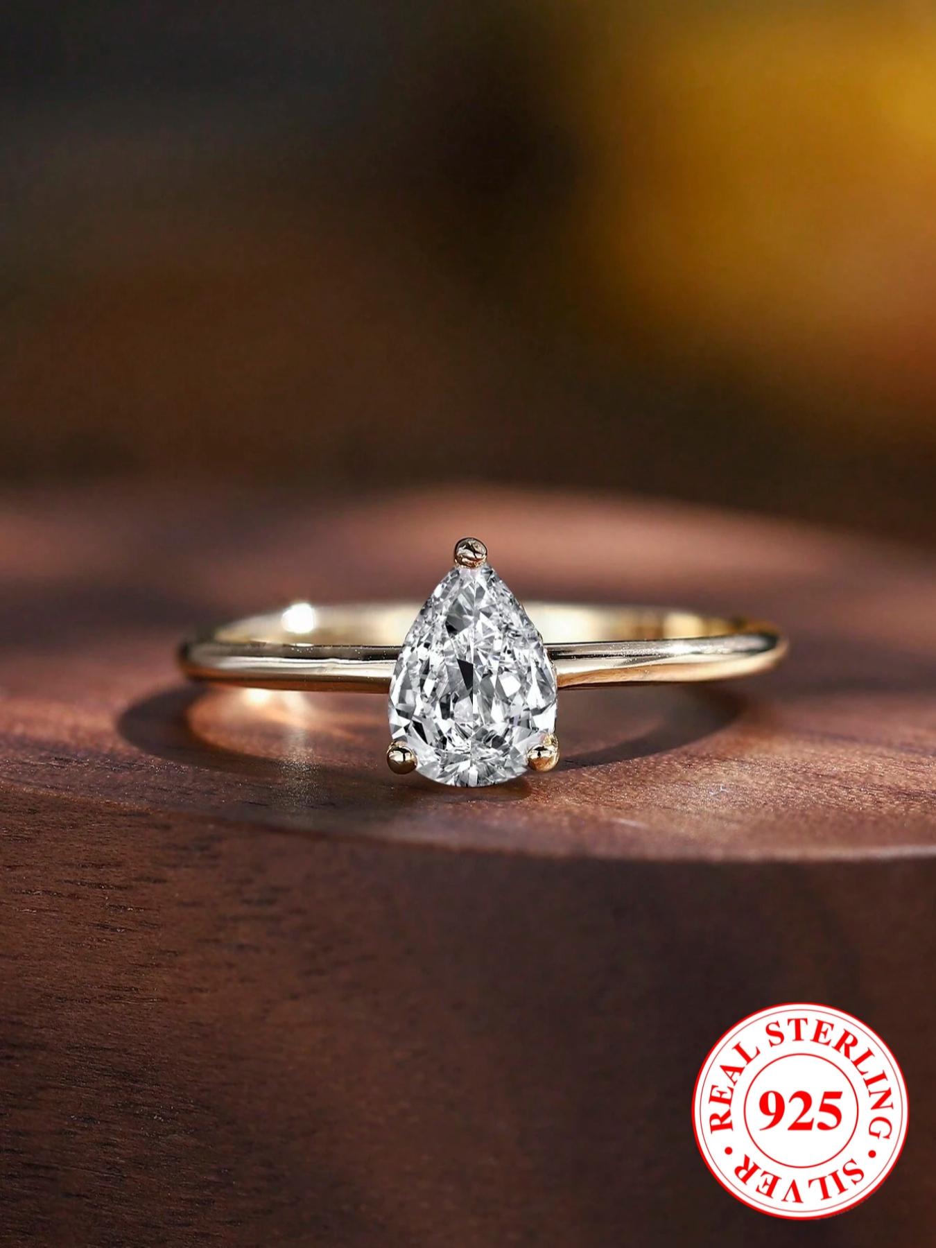 S925 Sterling Silver Water Drop Rhinestone Decor Ring, Simple, Fashion Jewelry Accessories for Women, Birthday Holiday Gift, Bridal Engagement Ring