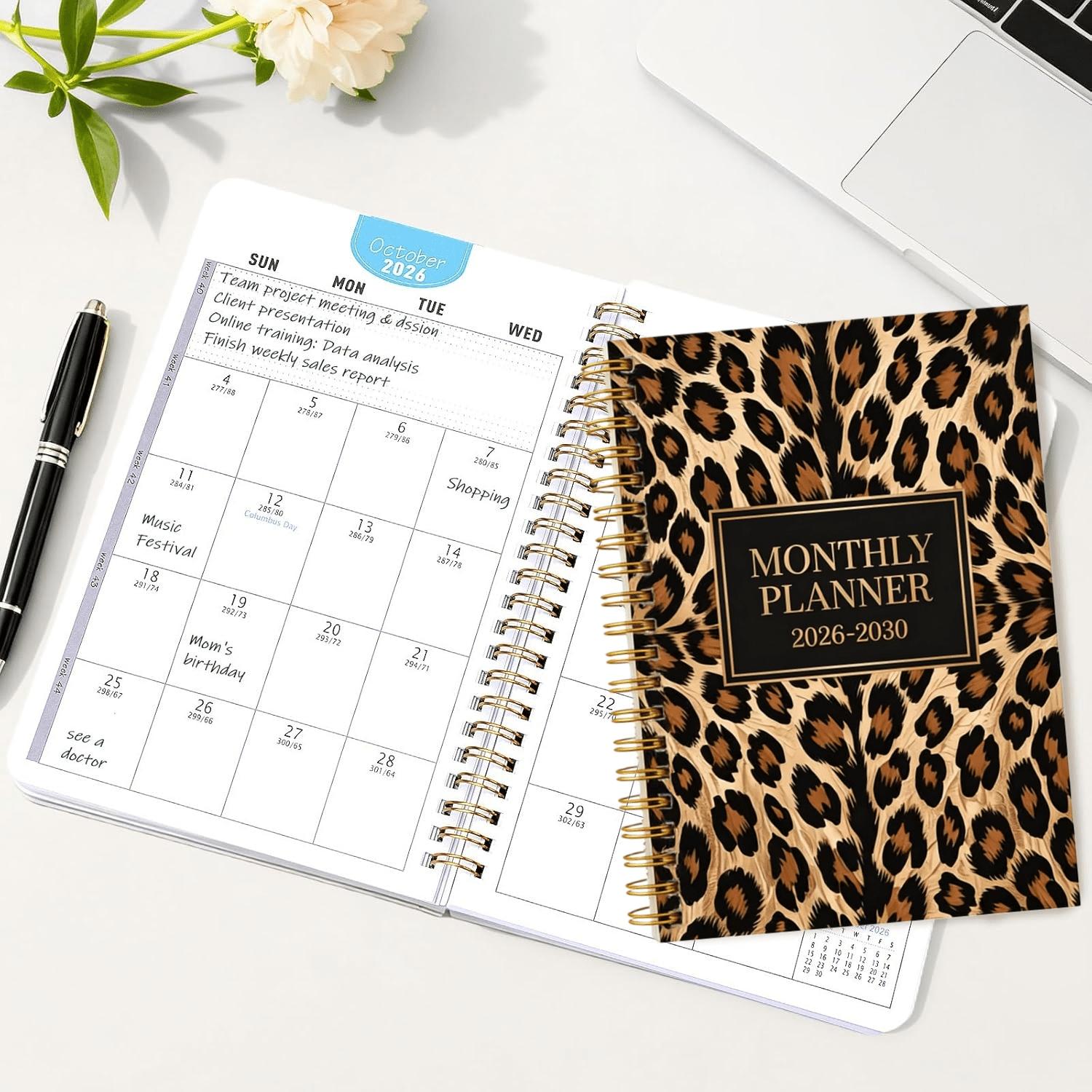 2026-2030 Monthly Planner/Calendar - January 2026 to December 2030, 5-Year Monthly Planner, Leopard Print Cover Design Notebook, Yearly Calendar Planning, Monthly Tabs, 60-Month Calendar, 5.5" x 8.3", 71 Sheets/142 Pages Thick Paper, Elastic Cover, Durabl