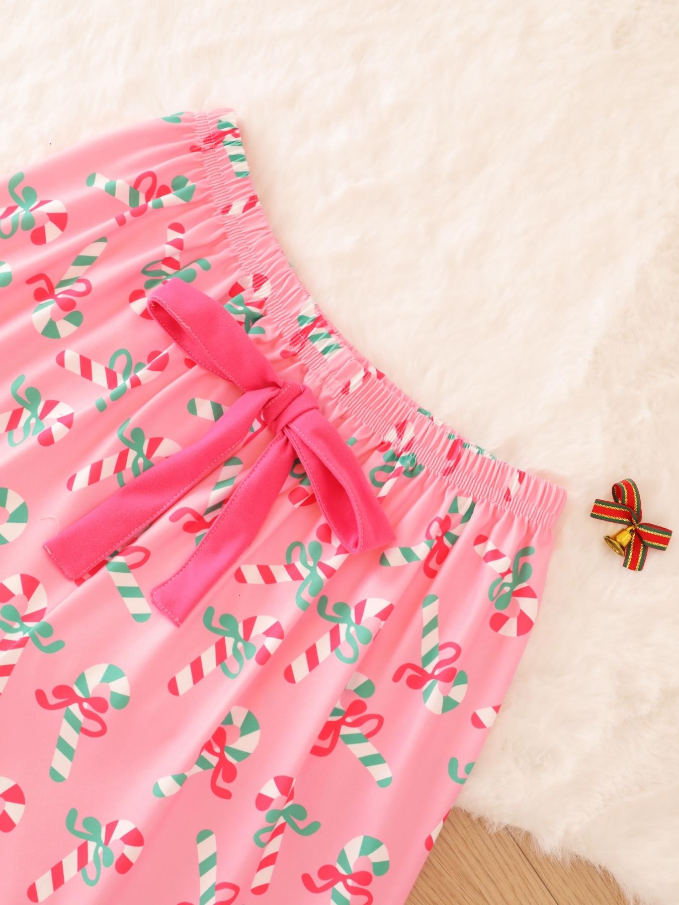 2 pieces of ladies' Christmas cane candy printed short sleeved shorts sleepwear set with buttons, collars, bows, suitable for comfortable and casual home wear in all seasons Pajama Set