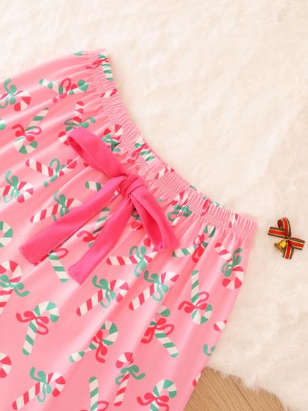 2 pieces of ladies' Christmas cane candy printed short sleeved shorts sleepwear set with buttons, collars, bows, suitable for comfortable and casual home wear in all seasons Pajama Set