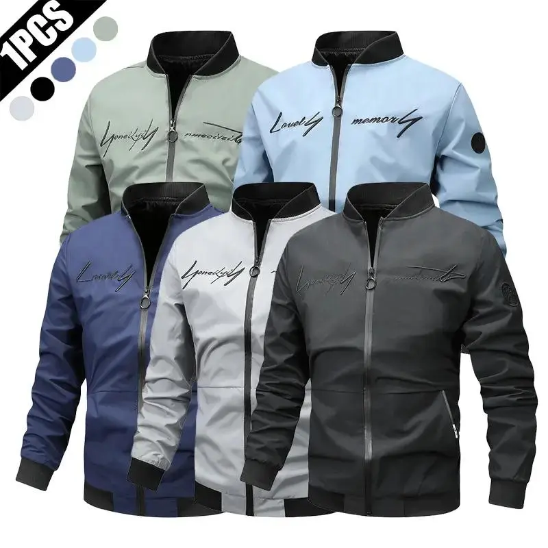 Men's Regular Fit Letter Embroidered Zip Up Pilot Jacket, Autumn Winter Casual Long Sleeve Windproof Baseball Collar Coat, Men's Everyday Wear, Men's Jacket, Black Casual Outdoor Jacket, Suitable for Work, Travel,  Coats Menswear windbreaker jacket Casua