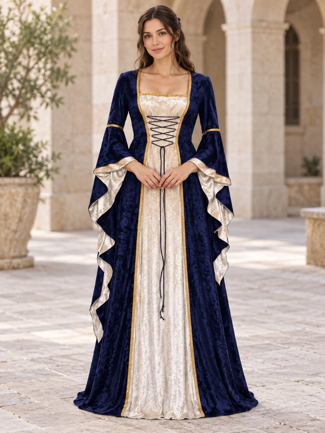 Womens Medieval Renaissance Costume Dress Square Neck Lace Up Front Long Bell Sleeves Gold Trim Contrast Panel Maxi Gown Red Purple Green Blue Black for Renaissance Faire Halloween Cosplay Masquerade Party Stage Performance and Elegant Royal Fantasy Looks
