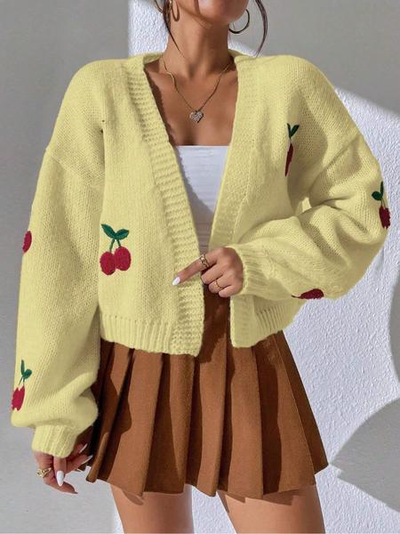 【Plus Size】 Cherry Embroidery Drop Shoulder Open Front Cardigan, Casual Long Sleeve V Neck Knitwear for Spring & Fall, Women's Plus Clothing for Daily Wear