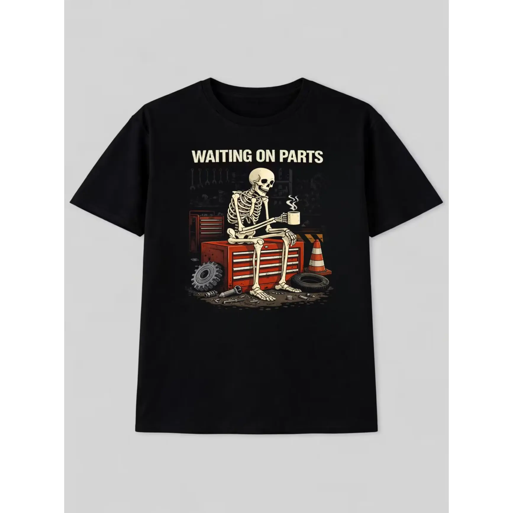 Mechanic Skeleton Waiting On Parts Graphic Oversized Cotton T-Shirt,Cool Vintage Workwear Comfort Outfit,Gift For Mechanic Boyfriend Husband,Unique Holiday Present For Male Friends Family