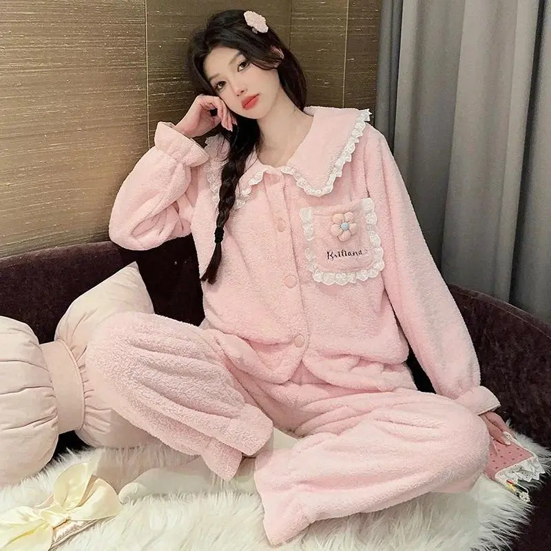 Thickened Coral Fleece Pajamas Set Women's Winter Plush Flannel Home Clothes Korean Sweet Sleepwear Soft Flannel Cardigan Pjs