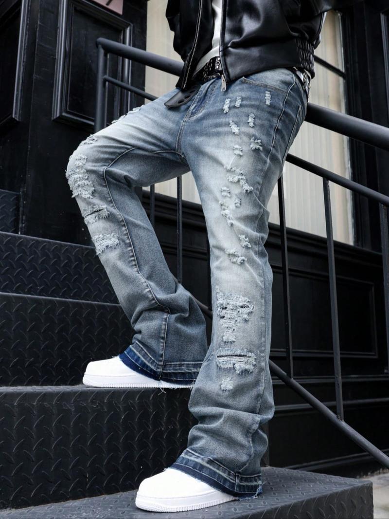 High Street Heavy Distressed Jeans, Vintage Wash Micro Flare, American Street Style, Fashionable Denim Jeans for Men and Women