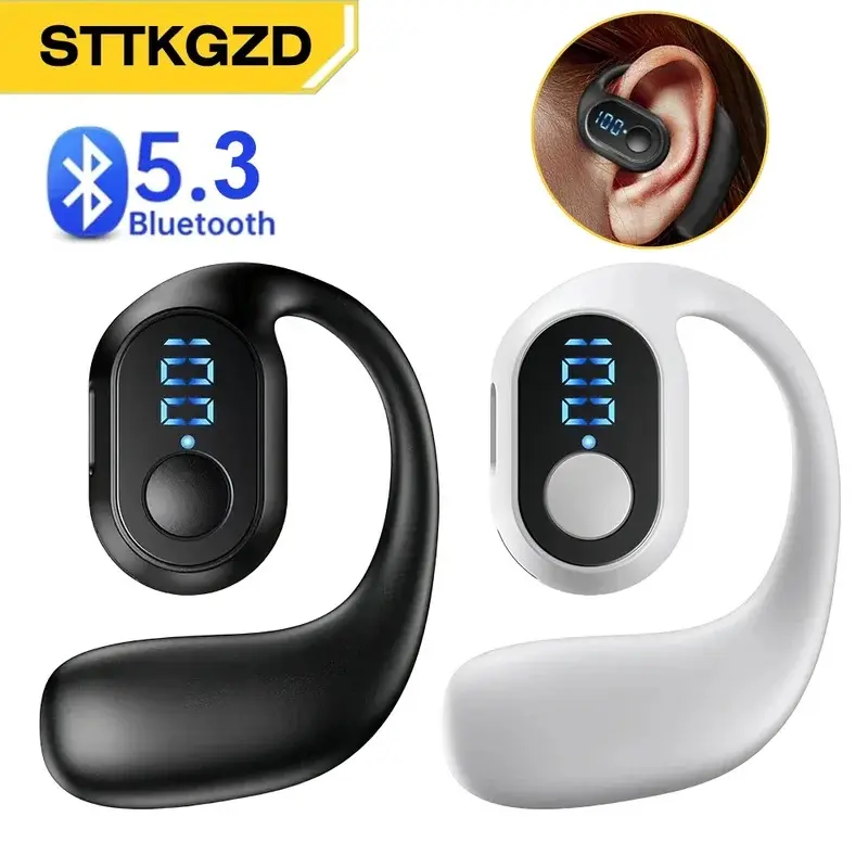 Air Conduction Open-Ear Bluetooth 5.3 Headphone with Digital Power Display Digital Screen, Single Ear Hook, Mic, Noise Reduction, Low Sound Leakage & Charging Case for Driving, Sports, Men