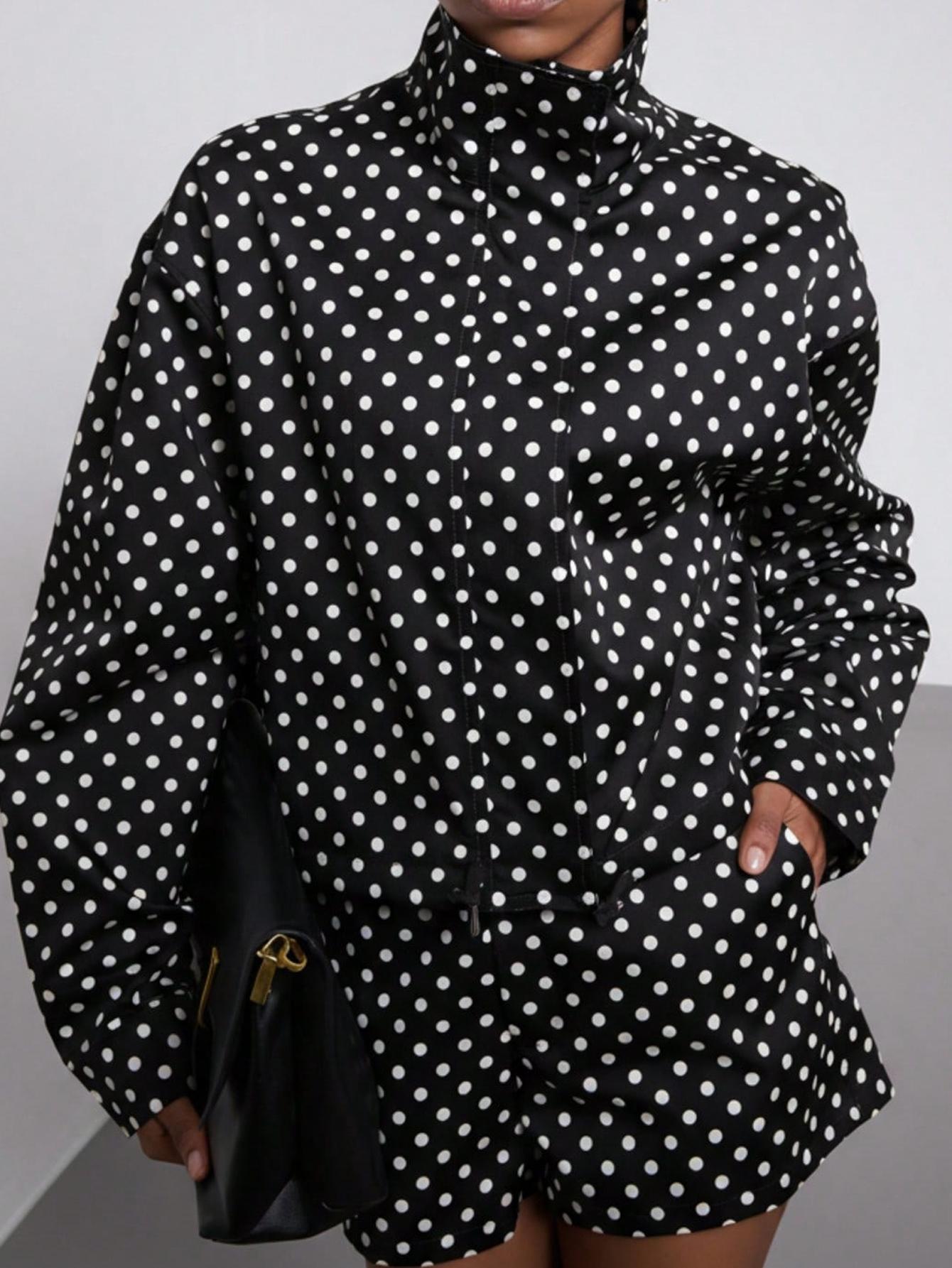 Women's Spring Fall Fashion European Style Stand Collar Vintage Polka Dot Long Sleeve Jacket Pilot Look Outerwear with Polka Dot Shorts Two-Piece Set Blazer Shorts Set