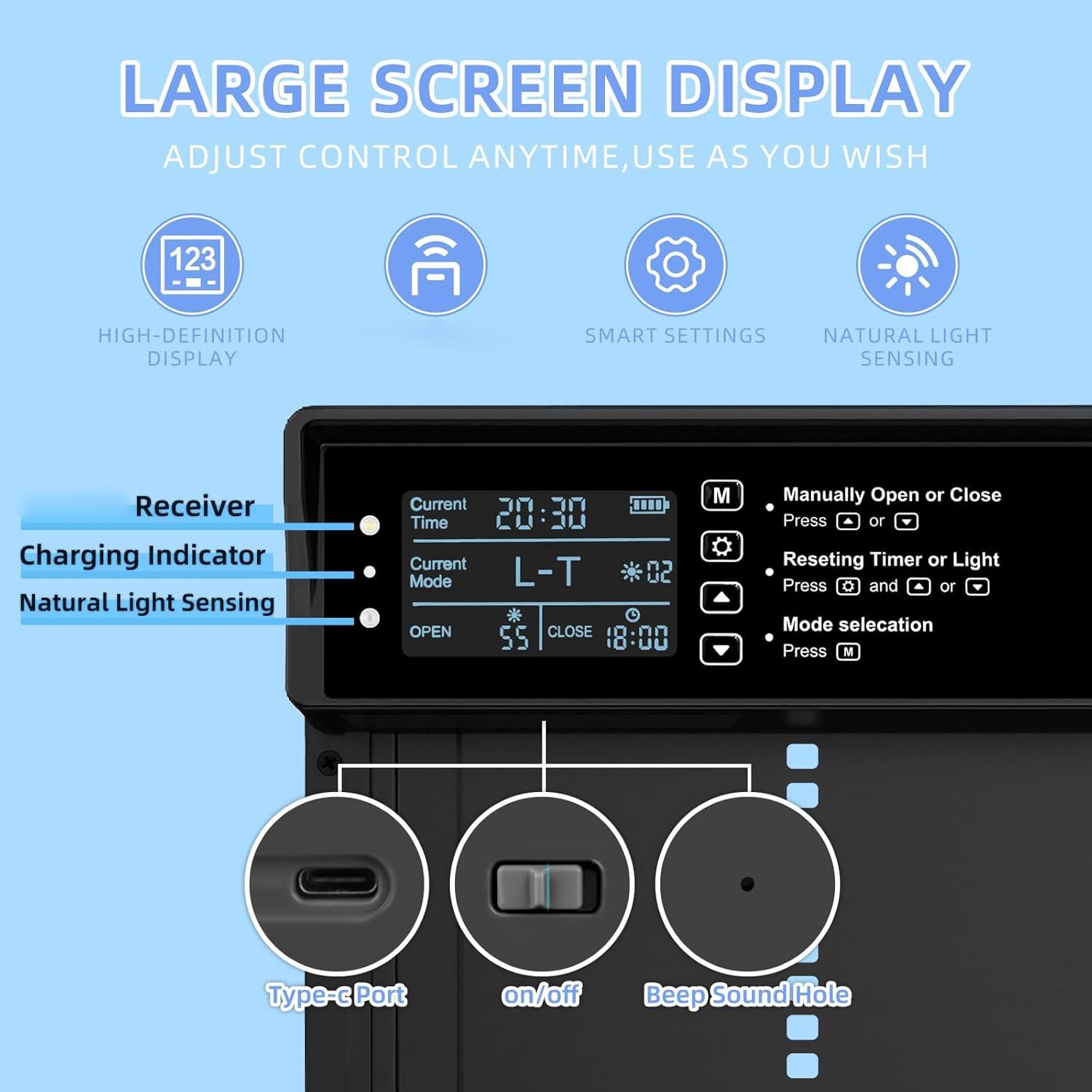 Solar Automatic Chicken Coop Door with LCD Screen, Timer Light Sensor Remote Manual Rechargeable Electric Poultry Gate, Chicken Coop Enclosure