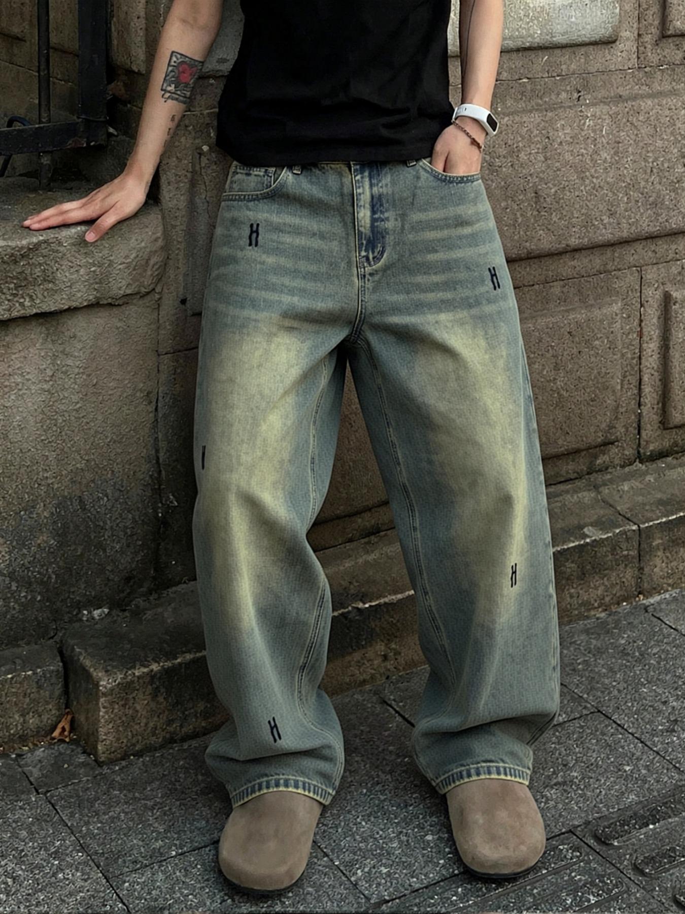 Men's Vintage Distressed Wide Leg Medium Wash Jeans, Washed Denim