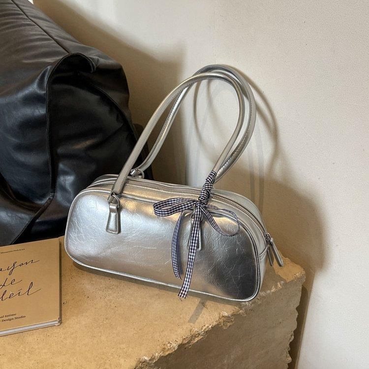 Vintage Waxed Leather Bowknot Baguette Bag, Luxury Commute Underarm Shoulder Bag, Versatile Texture Handbag, Korean Style Ins Fashion Bag for Women