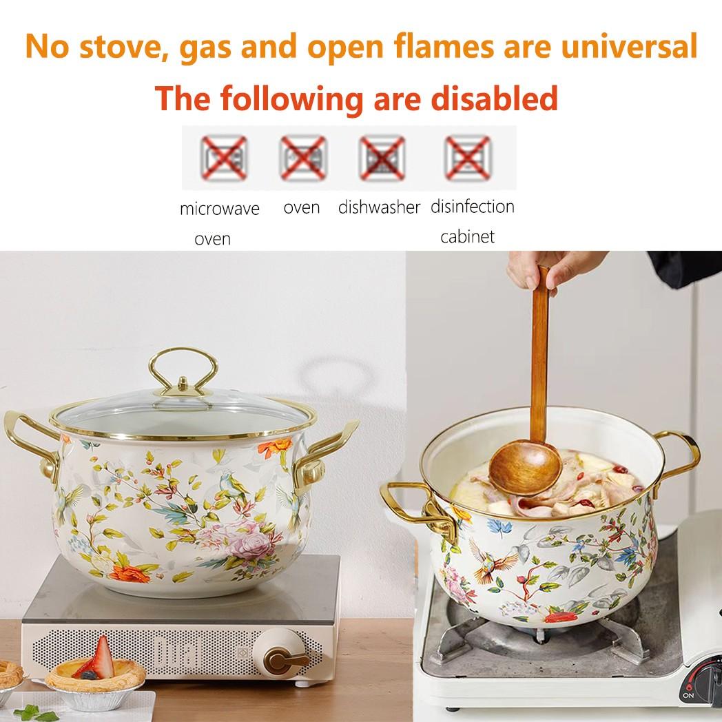 Flower Pattern Stockpot with Lid, Ceramic Soup Pot with Handle, Large Capacity Cooking Pot for Home Kitchen, Double Ear Design
