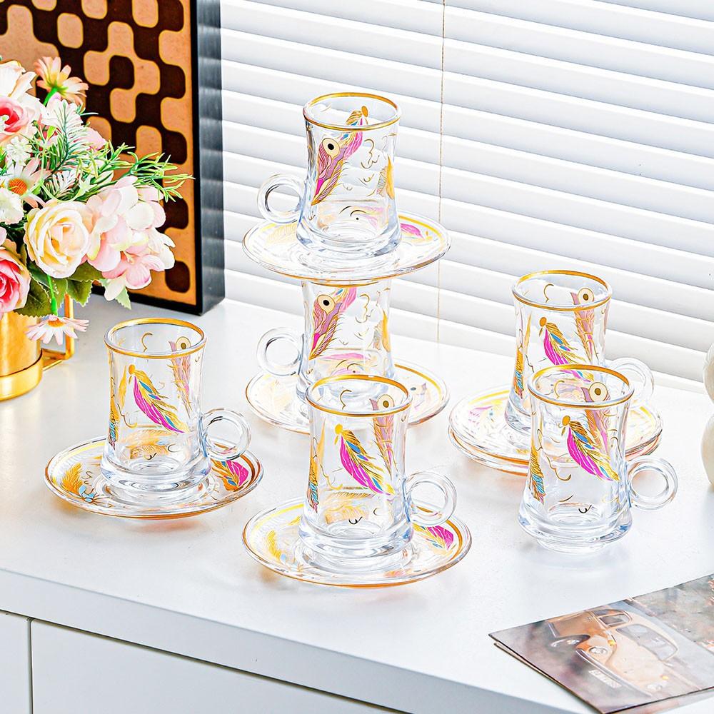 Vintage Turkish Tea Glasses Cups and Saucers Set of 6 Handle Drinkware Drink Bar Fancy Teapots Serving Glassware Drinking Kitchen Women Moroccan Persian Teacups Party Art Deco