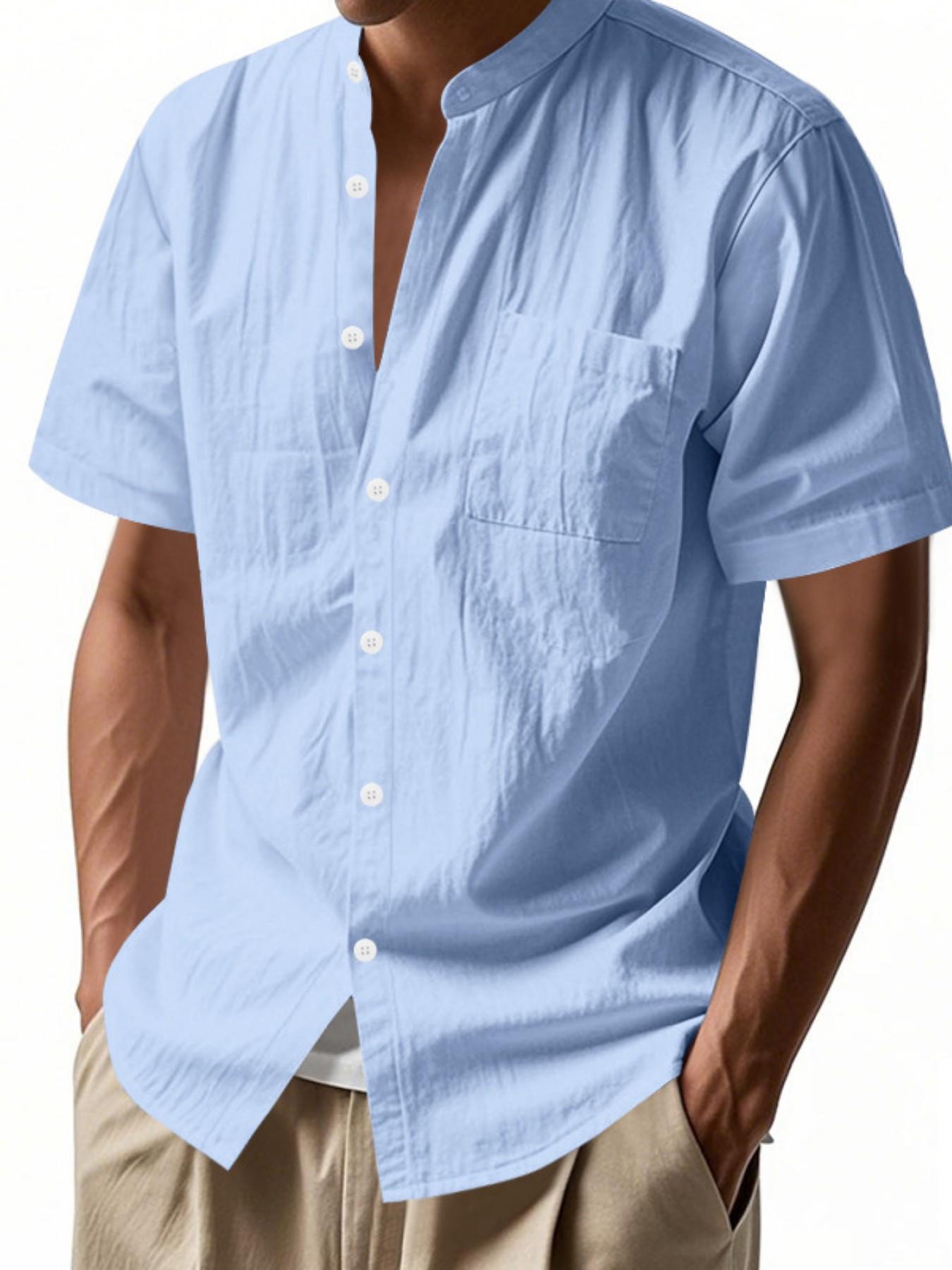 Men's Stand Collar Short Sleeve Shirt, Textured Half Button Front Chest Pocket Top, Breathable Casual Business Versatile Blouse