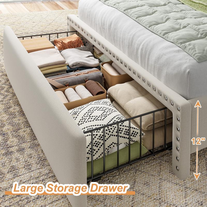 Bed Frame with 2 Storage Drawers, MATTRESS NOT INCLUDED, Bedframe with Headboard and Shelves, Upholstered  Bed Frame for Queen, King, Full, Twin, NO Noise, No Box Spring Needed, Beige, Gray