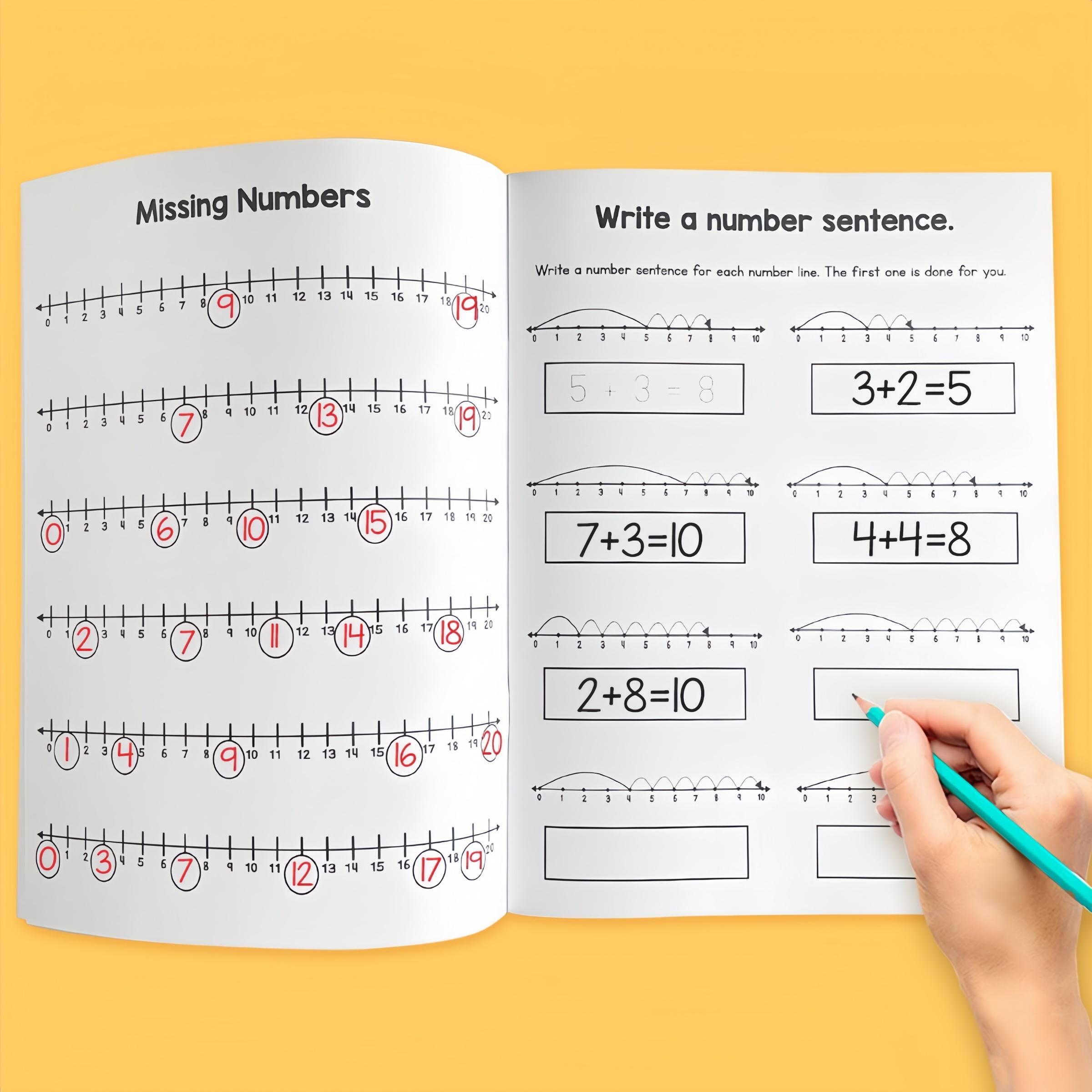 Math Addition and Subtraction Practice Book for Numbers 1-20, Fun Grid and Number Line Exercises, Early Education Learning Tool