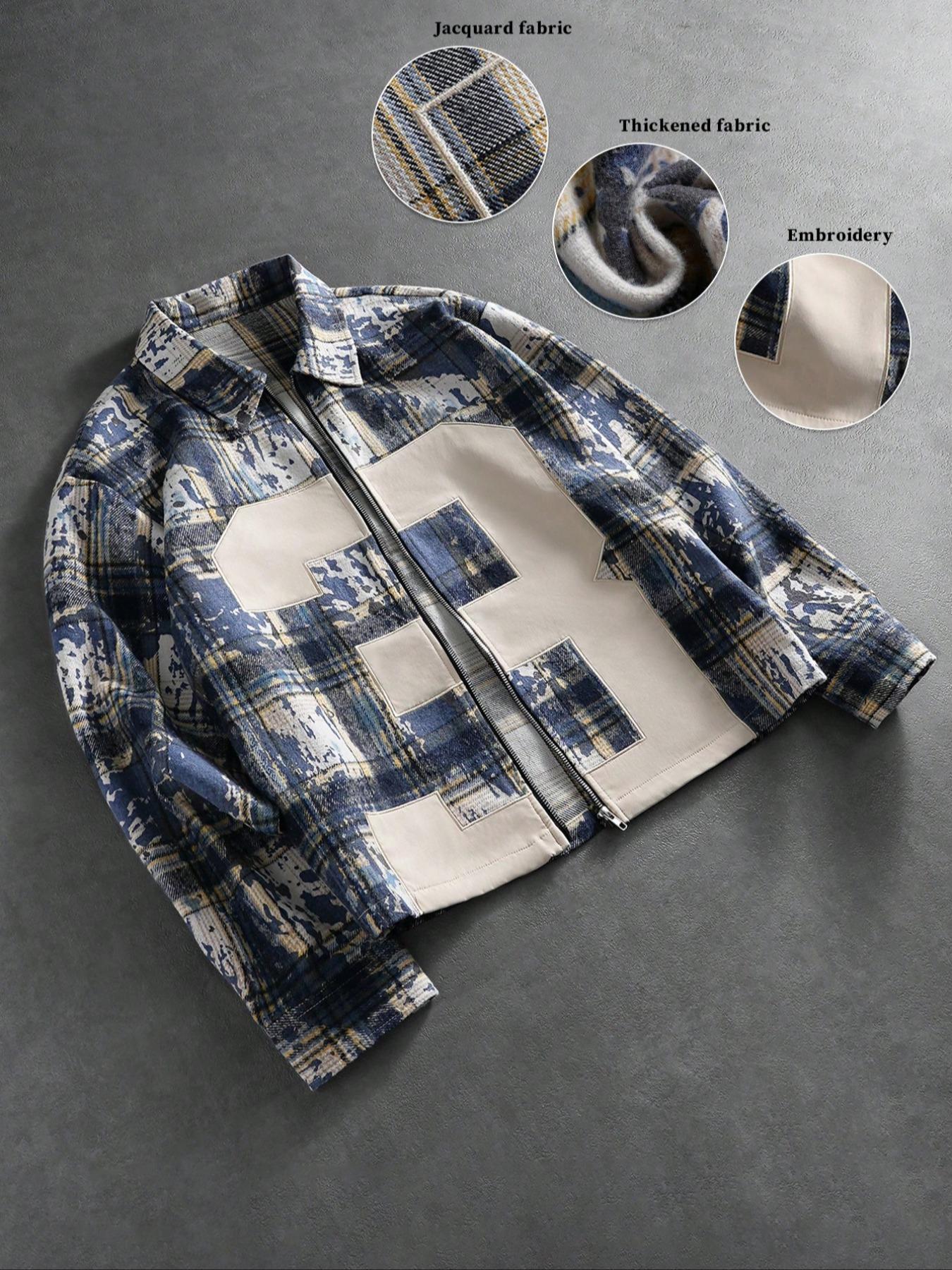 Men's Blue Plaid Zipper Jacket, Trendy Design with Embroidery, Thick Fabric, Vintage Grid Street Style, Unique Fashion Attitude, Coats