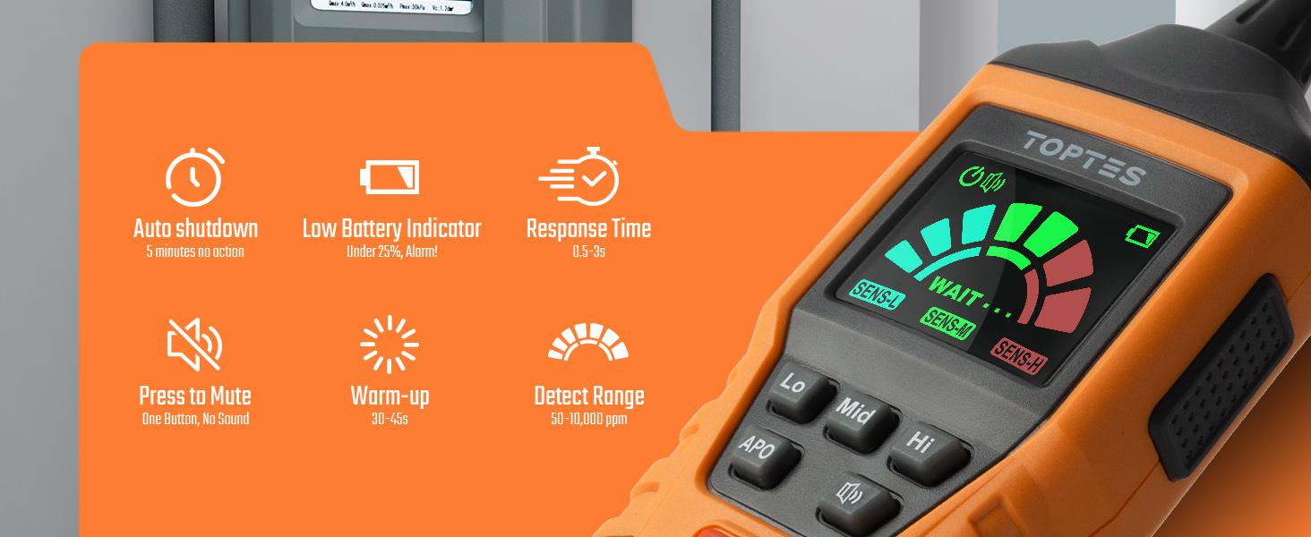 TopTes PT520A Gas Leak Detector with 17-Inch Gooseneck, Locating The Source of Propane, Natural Rechargeable Gas, and Combustible Portable Gas Leak for Home and RV (Includes Battery x3) Safety Tools – Orange