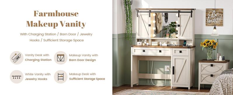 Sikaic Sliding Mirror Makeup Vanity With Lights & Barn Doors Charging Station Jewelry Hooks And Open Storage Shelves Modern Drawer