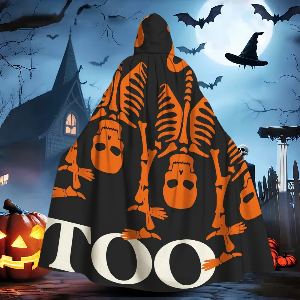 Orange skull print hooded long cape, unisex Halloween party cape, gothic style Halloween costume prop, one-piece hood, draped loose long cut, one size fits all.