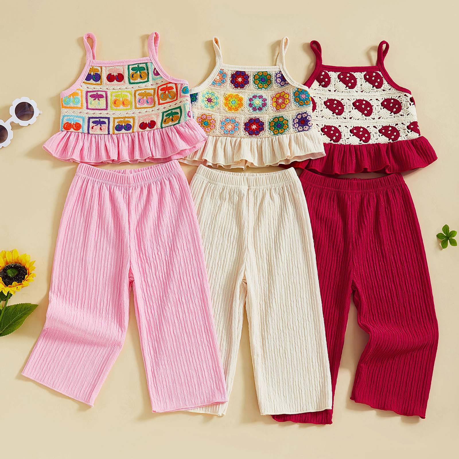 Toddler Girls Two Piece Outfits Crocheted Flowers Fruit Ruffled Camisole Tops Elastic Waist Long Pants Baby Children Summer Clothes #Summervibes