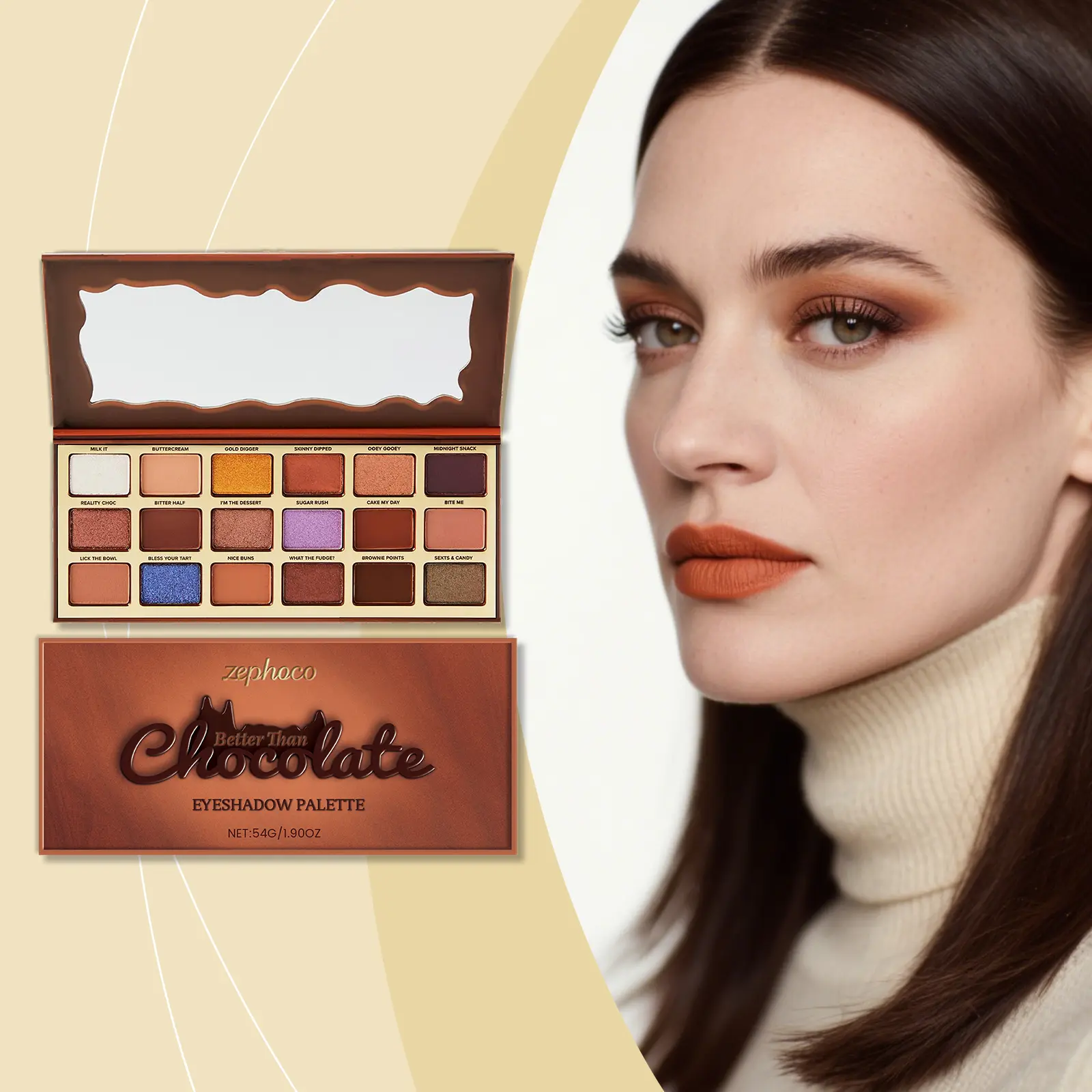 Chocolate-toned eyeshadow palette, earthy tones, highlighter, cool tones, lightweight, highly pigmented, suitable for daily commuting