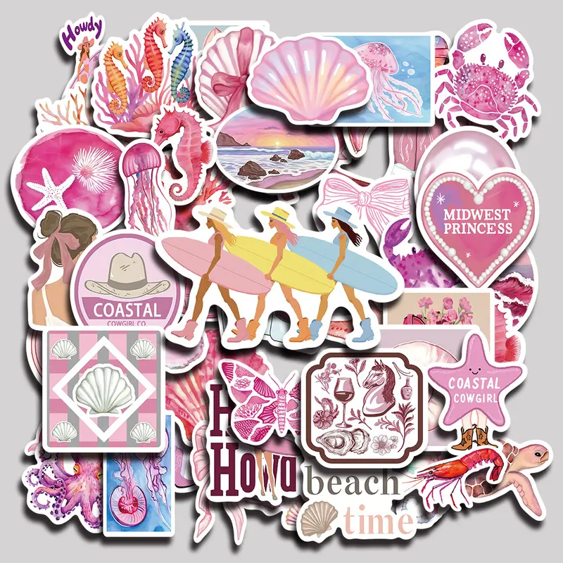50PCS Pink Coast Girl Aesthetic Vinyl Stickers Pack for Laptop Water Bottle Phone Case Skateboard Journal Scrapbook DIY Decoration