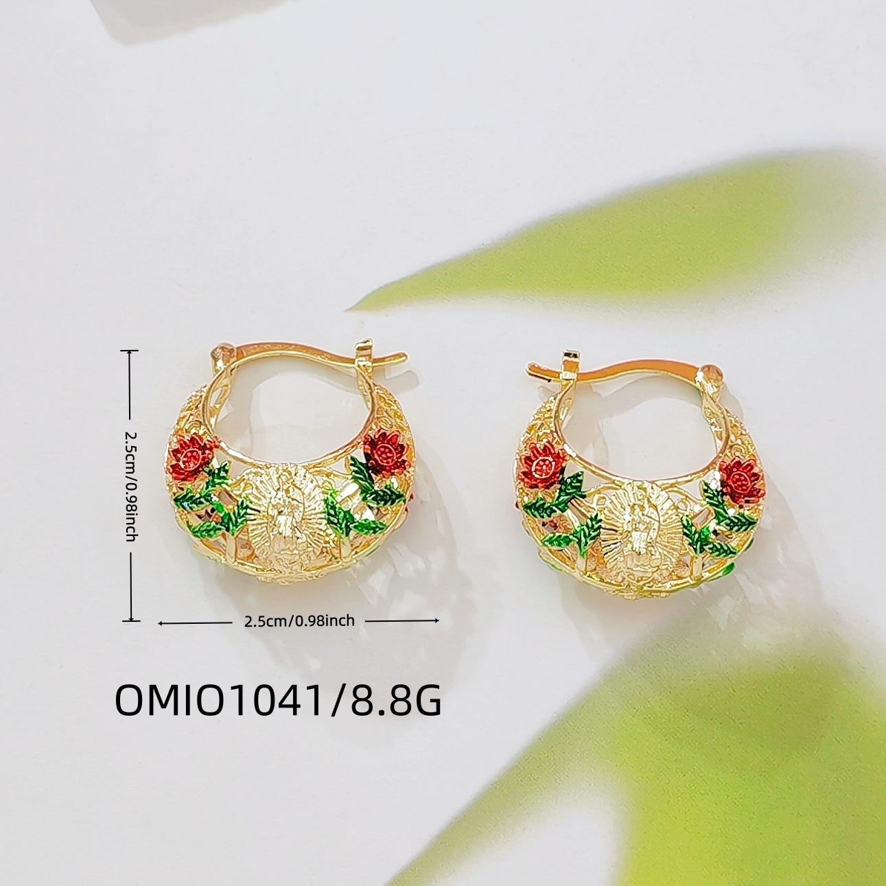 European‑Style Virgin Mary Enamel Hoop Earrings, Gold‑Plated Hollow Ear Rings With Colorful Red‑Green Rose Patterns, Fashion Retro Ear Jewelry For Daily Matching And Party Occasion Styling