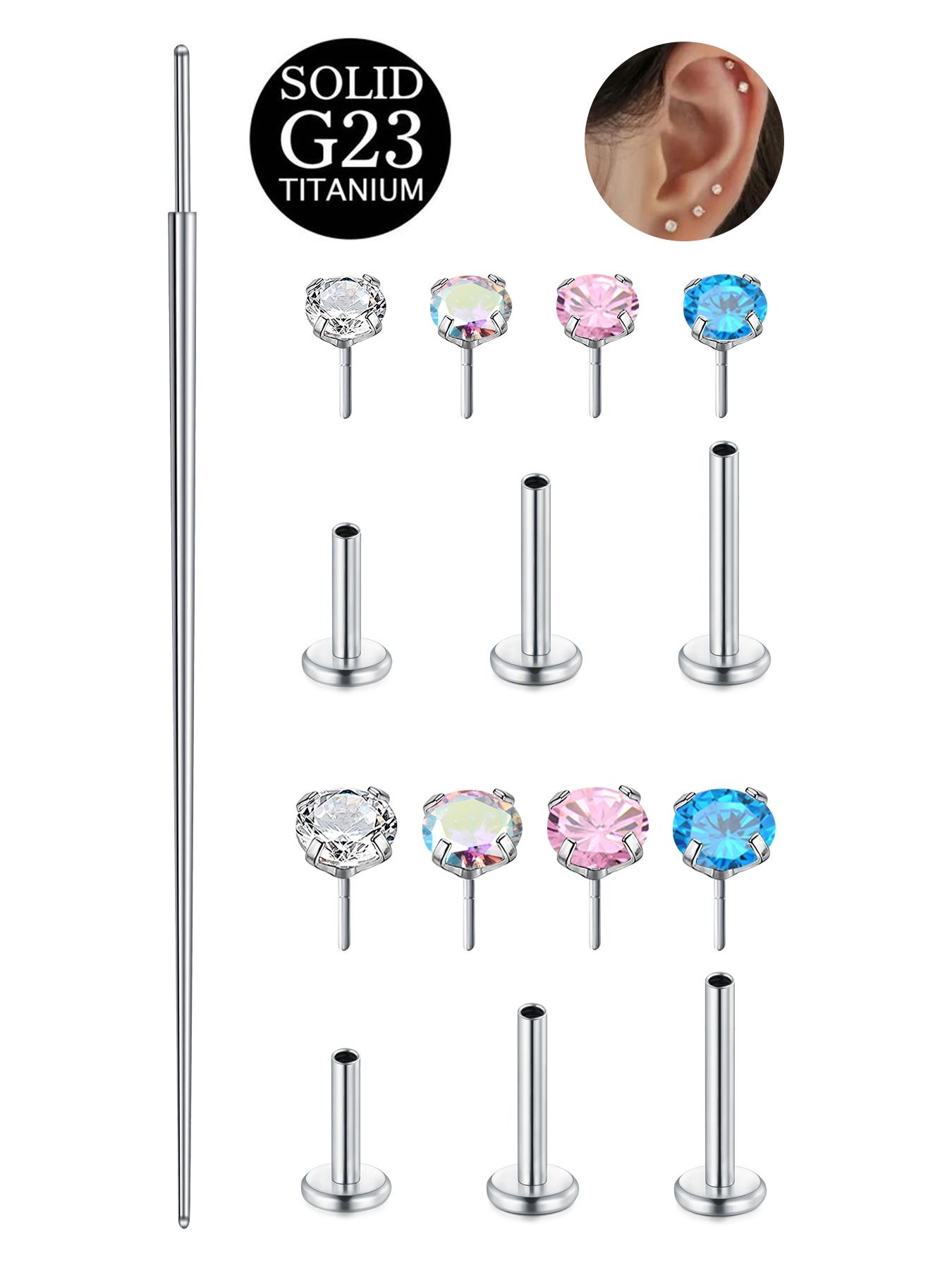 Titanium Earrings Flat Back Implant Grade Titanium Nose Stud Threadless Flat Back Earring Stud 20g 18g 16g Hypoallergenic Silver Cartilage Earrings for Women Surgical Steel Forward Helix Conch Tragus Piercing Jewelry Lip Labret Jewelry Push in