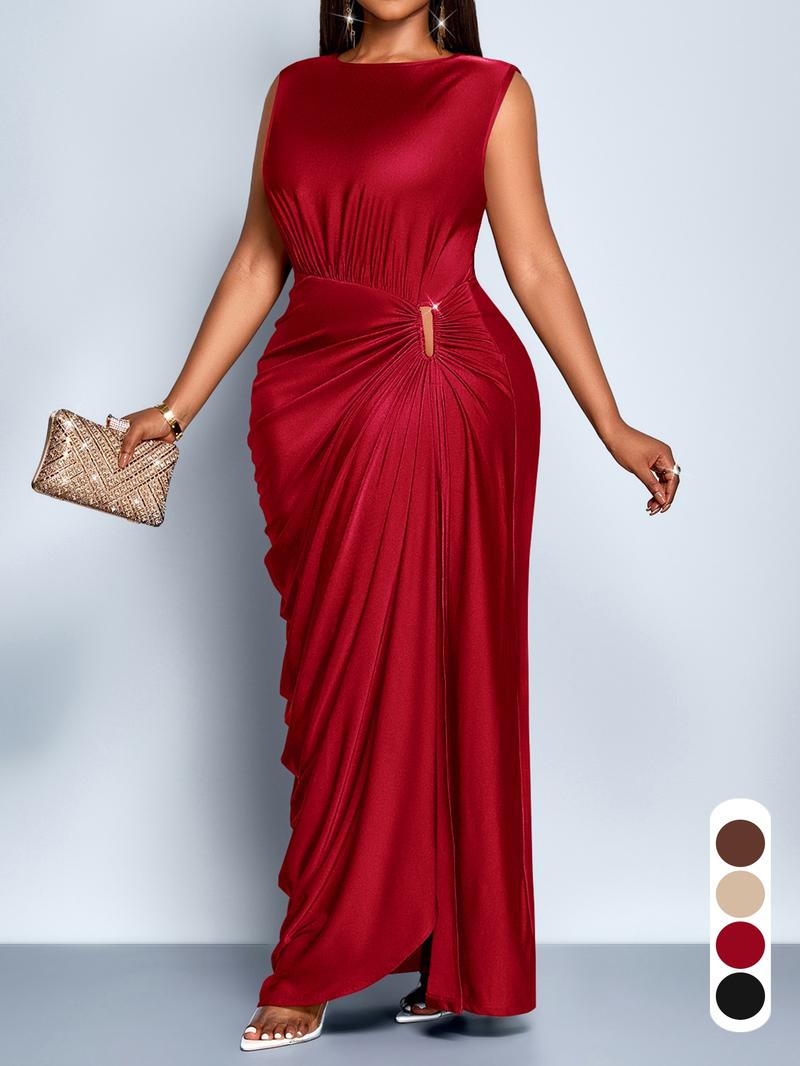 Elegant Casual Women's Plain Ruffle Dress, High Waist Fitted Sleeveless, Perfect for Evening Parties and Dates, All Seasons Fashion