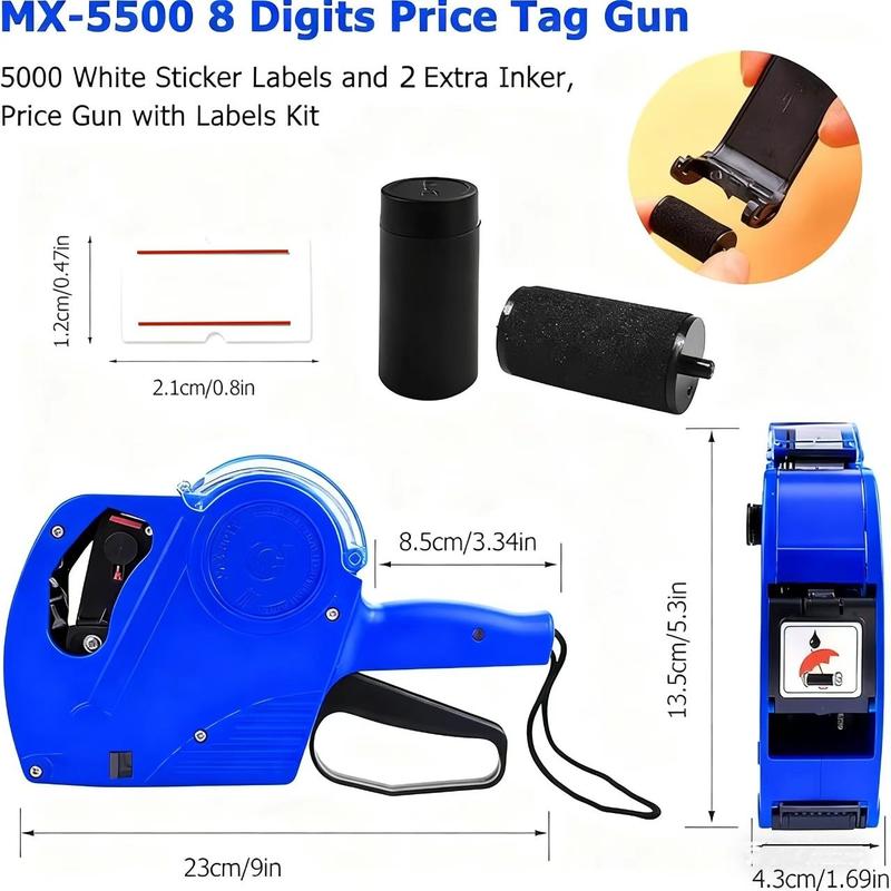 1 pcs MX-5500 8 Digits Price tag Blue/ Red Stick Device with 5000 Sticker Labels and 2 Ink Refill, Label Maker Portable Label Printer Pricing Stick Device Kit Numerical Tag Stick Device for Office, Retail Shop, Grocery Store, Garment