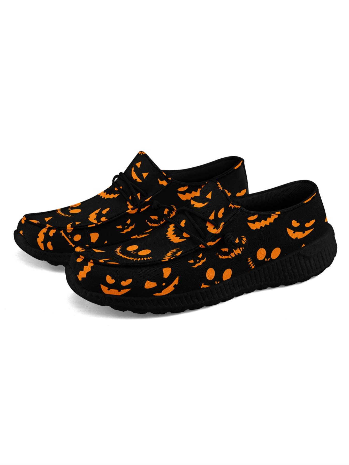 Women's Halloween Themed Ghost & Pumpkin Print Lace Up Low Top Sneakers, Casual Comfortable Breathable Sports Shoes, Fashionable All-match Sneakers for Daily Wear