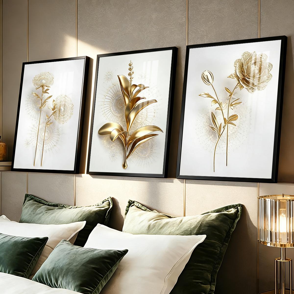 3 Counts Aluminum Alloy Framed Painting, Golden Abstract Flowers Artwork, Home Decoration For Living Room, Bedroom, Office, Restaurant, Hallway Wall Decor, Odorless Print Artwork, Luxury Perfect Gift For Friends And Family