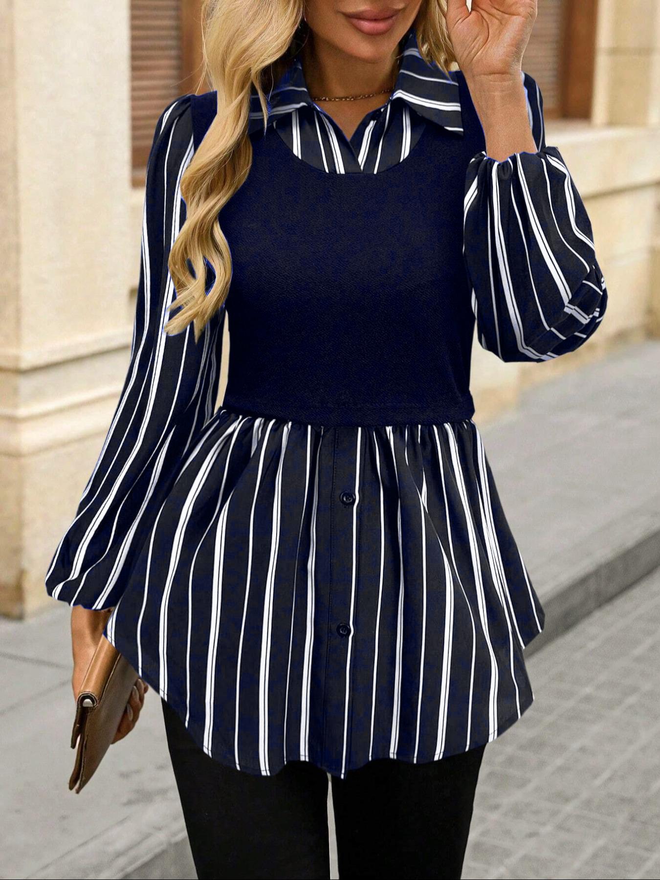 Women's Casual Slim Fit Woven Striped Patchwork Long Sleeve Shirt Blouse, Cute Fall Winter Outwear, Ladies Fashion Top for Daily Wear