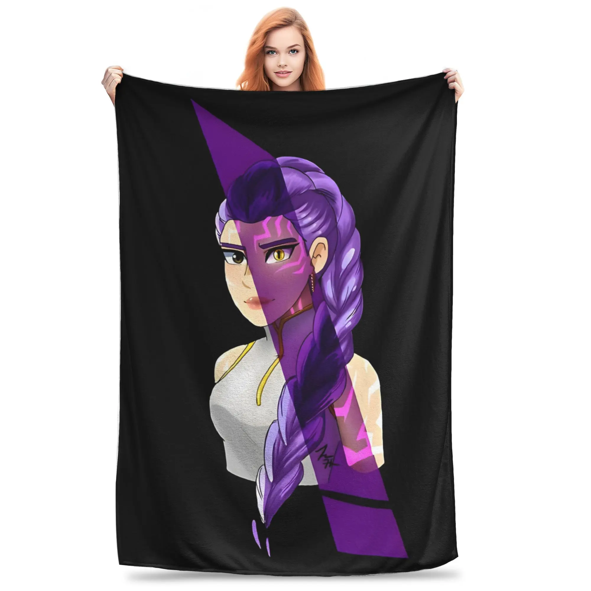 Fluffy Flannel Throw Blanket - Dual Side Jinx Anime Art Print, Dark Base, Purple Braid Character, Anime Theme Home Decor, Gamer Bedroom & House Decor Fan Gift, Room Decor, Fading Resistant