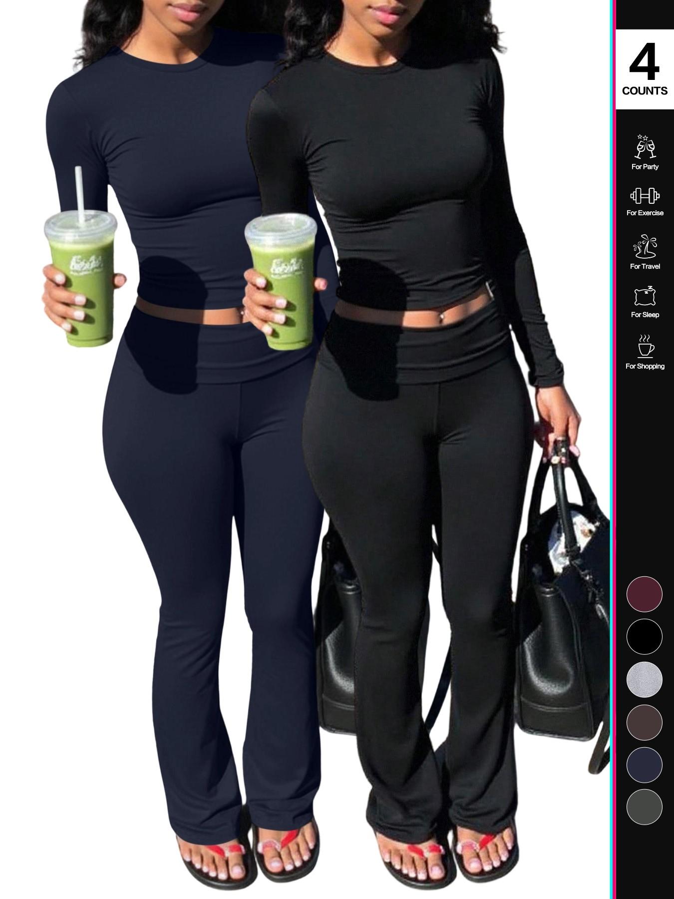 Women's 2 Piece, Foldover Flare Pants & Long Sleeve Crew Neck T-Shirt, Fitted Pajama Sets, Casual Comfortable Sleepwear