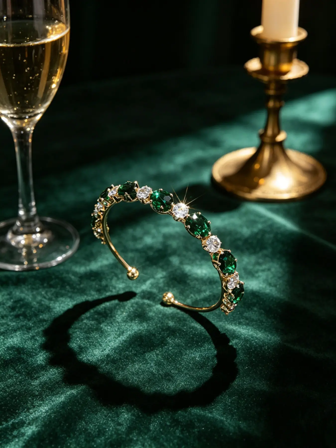 Emerald Green Tennis Cuff Bracelet for Women，Gold Pave CZ Statement Bangle, Prom Bridal & Holiday Jewelry